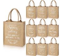 SATINIOR 10 Pcs Spanish Christian Burlap Tote Bags Reusable Blank Jute Burlap Religious Grocery Bag with Handle DIY Bible Verse Bags Waterproof Canvas Gift for Women Vacation Bible School