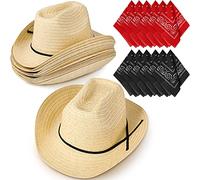 SATINIOR 12 Set Straw Cowboy Hats & Bandanas - Cowboy Party Hat Costume with Head Bandana(Beige,Classic Style)