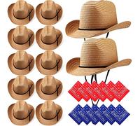 SATINIOR 12 Set Straw Cowboy Hats & Bandanas - Cowboy Party Hat Costume with Head Bandana, Khaki, Classic Style