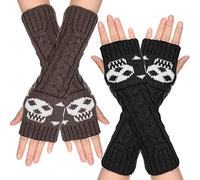 SATINIOR 2 Pairs Women's Cable Knit Arm Warmers Fingerless Gloves Thumb Hole Mittens Crossbones Skull Jacquard Knit Gloves Mittens Punk Long Arm Warmers with Thumb Hole, Dark Gray, average size