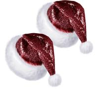 SATINIOR 2 Pcs Adult Sequin Santa Hat Unisex Christmas Hat Santa Claus Cap Xmas Cap with Lining and Plush Brim for Women Men(Dark Red)