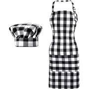 SATINIOR 2 Pcs Chef Costume Chef Hat Apron Set for Adult Baker Apron Hat Costume for Halloween Cosplay Party Gift (White, Black,Plaid Style)