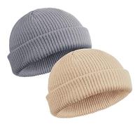 SATINIOR 2 Pieces Trawler Beanie Fleece Watch Cap Roll up Edge Skullcap Winter Hat Unisex (Beige, Light Gray)