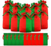 SATINIOR 24 Pack Christmas Drawstring Gift Bags Satin Xmas Drawstring Green and Red Goodie Bags 4"x6" Small Reusable Splicing Gift Pouch for Christmas Winter Holiday Party Favor