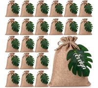 SATINIOR 24 Set Reusable Burlap Gift Bags with Drawstring, 5x7 Jute Gift Bag with Monstera Leaf Decor and String, Brown Linen Sacks Bag for Wedding Party Favors, Coffee Sets, DIY Craft Bulk Bags