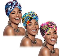 SATINIOR 3 Pack Knotted African Headwraps for Women Turban Pre-Knotted Beanie Headwraps,Head Scarf,Hair Accessories(Blue Green Pink Geometry)