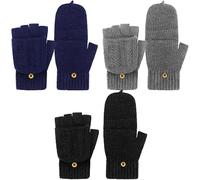 SATINIOR 3 Pairs Winter Fingerless Wool Gloves Warm Knitted Convertible Mittens Flap Cover Texting Mittens for Women Men(Colorful)