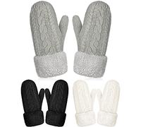 SATINIOR 3 Pairs Women Mittens Winter Gloves Warm Fleece Lining Mittens Cozy Thick Crochet Cable Knit Gloves for Women Girls Cold Weather, Black, White and Grey, About 10 x 3.9 Inches