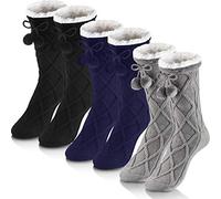 SATINIOR 3 Pairs Women Slipper Socks Fleece Lined Winter Fuzzy Tall Socking with Pompom (Light Gray, Black, Navy)