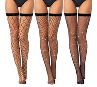 SATINIOR 3 Pairs Women Thigh High Stockings over the Knee Rhinestone Fishnets Black Elastic Fishnet Stockings Mesh High Socks Fish Net Tights Pantyhose for Party Carnival Accessories