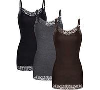 SATINIOR 3 Pcs Women Long Camisoles Lace Tank Tops Neck Cami Adjustable Spaghetti Strap Trim Lace Tank Top for Women Wearing, Black, Dark Grey and Brown, S