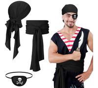 SATINIOR 3 Pieces Pirate Costume Accessories Set, Pirate Head Scarf Large Sash Belt Captain Eye Patch Bandana Waist Belt Accessories Adult for Halloween Medieval Dress Party(Black)