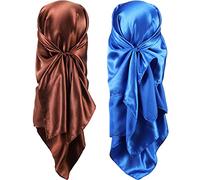 SATINIOR 35 Inch Silk Head Scarf 2 Pcs Large Square Neck Scarf Sleeping Hair Wrapping Satin Scarf for Women (Royal Blue, Brown), M