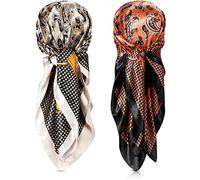 Satinior 35 Inch Silk Head Scarf 2 Pcs Large Square Neck Scarf Sleeping Hair Wrapping Satin Scarf for Women, Vintage Color, Vintage Style