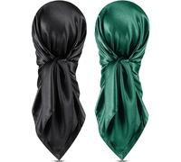 SATINIOR 35 Inch Silk Head Scarf 2 Pcs Large Square Neck Scarf Sleeping Hair Wrapping Satin Scarf for Women (Black, Dark Green)