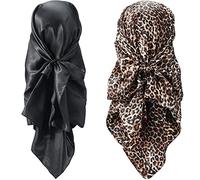 SATINIOR 35 Inch Silk Head Scarf Sleeping Hair Wrapping Satin Scarf for Women (2 Piece) (Black, Leopard Print), M