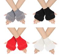 SATINIOR 4 Pairs Knit Fingerless Winter Gloves Thumb Hole Mittens Arm Warmers with Faux Fur Short Wrist Fingerless Gloves for Women Girls, Red, Black, White and Gray, 5.1 x 5.9 in
