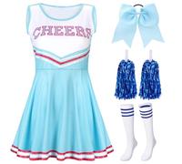 SATINIOR 4 Pcs Cheerleader Costumes for Women Adults Cheer Uniform Outfit for 2026 Halloween(Medium,Light Blue)