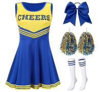 SATINIOR 4 Pcs Cheerleader Costumes for Women Adults Girls Uniform Outfit for Football Party(Medium,Blue and Yellow)