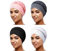 Satinior 4 Pieces African Women Turban Cap Beaded Headscarf Beanie Twisted Braid Wrap Hat Faux Pearl Headwrap, Multicoloured, M