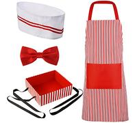 SATINIOR 4 Pieces Waiter Costume Kit for Adults Including Chef Hat Paper Party Tray with Strap Red and White Striped Apron Clip on Bow Ties for Cosplay Circus Party Women Men, One Size