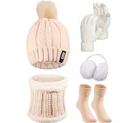 SATINIOR 5 Packs Winter Warm Hat and Gloves Set Knitted Scarf Beanie Pompom Hat Winter Ear Warmer Ski Earmuffs Stocking for Women (Beige, Khaki)
