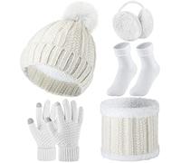 SATINIOR 5 Packs Winter Warm Hat and Gloves Set Knitted Scarf Beanie Pompom Hat Winter Ear Warmer Ski Earmuffs Stocking for Women (White)