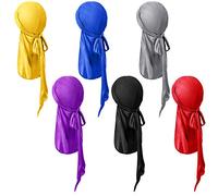 SATINIOR 6 Pieces Kids Satin Silk Durag Caps Wave Wide Strap Headwraps Long Tail Turban Beanies for Boys Girls, Multicoloured, Medium