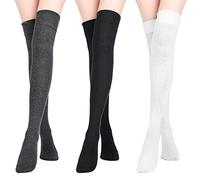 SATINIOR Extra Long Socks Thigh High Cotton Socks Extra Long Boot Stockings for Girls Women (Black, Dark Grey, White, 3)