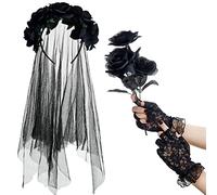 SATINIOR Halloween Gothic Bride Costumes for Women | Gothic Bride Accessories with Mesh Veil with Rose Garland Headband, Rose Bouquet, Fingerless Lace Gloves, Sturdy and Reliable