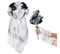 SATINIOR Halloween Gothic Bride Costumes for Women | Gothic Bride Accessories with Mesh Veil with Rose Garland Headband, Rose Bouquet, Fingerless Lace Gloves, Sturdy and Reliable