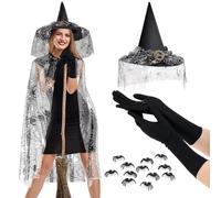 SATINIOR Halloween Witches Costumes for Women Spider Costume Included Adult Ladies Spider Web Cape Black Gloves Lace Witch Hat and 20 Small Simulated Spiders (Silver,Classic)
