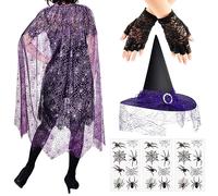 SATINIOR Halloween Witches Costumes for Women Spider Woman Costume Adult Ladies Web Cape and Hat Fingerless Lace Gloves Crawling Tattoo Party Fancy Dress Up Outfits (Trendy Style)