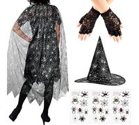 SATINIOR Halloween Witches Costumes for Women Spider Woman Costume Adult Ladies Web Cape and Hat Fingerless Lace Gloves Crawling Tattoo Party Fancy Dress Up Outfits (Classic Style)