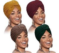 SATINIOR Pack of 4 African Pattern Headwear Pre-Tied Hood Turban Knot Hat Cap Hat (Pure Purple Yellow Red), Brown, Dark red, Dark Green, Yellow, One Size