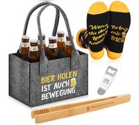 SATINIOR Pack of 4 Beer Bag Men Birthday Gift 24 cm Extra Thick Felt Bottle Bag 6 Compartments Funny Beer Socks Bottle Opener Barbecue Tongs for Friend, as shown in the picture, Getting beer is also