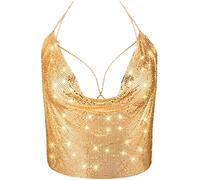 SATINIOR Women Sequins Top Shiny Body Chain Crystal Tank Set Neck Chain Bikini with Nipple Pasties Double Sided Tape(Gold)