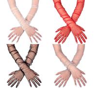 SATINIOR Women's 4 Pairs Long Tulle Sheer Wedding Bridal Elbow Length Opera Party Gloves, Red, Black, Clear, White, 27.5 inches in length