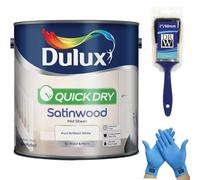 Satinwood White 2.5L + 2" Brush + Disposable Glove - Quick Dry Interior Wood & Metal Paint - Brilliant White Satin Finish - Durable Mid Sheen for Doors, Skirting Boards, Trim & Furniture