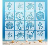Satiskid 12 Pack Ocean Theme Stencils - 15 x 15 cm Reusable PET Drawing Templates for DIY Art, Sea Animals Patterns for Painting on Wood, Scrapbooking, Canvas, Walls & Fabric
