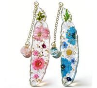 Satiskid 2 Pack Pressed Flowers Resin Bookmarks, Feather Bookmark with Real Flowers & Glowing Glass Bead Chain, Elegant Book Lover Gifts for Women, Unique Book Accessories, Pink and Blue Set