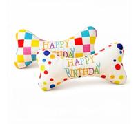 Satiskid 2 Pcs Dog Birthday Bone Toy Set, Fun Interactive Pet Squeaky Present, Soft Plush Happy Birthday Chew Toy with Hidden Squeakers for Dogs Celebration Party Favor Gift (checkered & polka dot)
