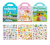 Satiskid 3 Pack Reusable Sticker Books for Toddlers, 3D Sticker Books with Cute Animal Vehicle Food Themes, Educational Sticker Activities for Kids, Portable Travel Toys with Carry Handle