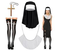 Satiskid 3 Pieces Nun Costume Accessories, Nun Headpiece, Nun's Collar, Crossing Necklace, Knee-High Socks, Women's Cosplay Masquerade Costume Accessories, Halloween Party Cosplay Supplies