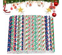 Satiskid 300 Pcs Christmas Paper Straws 12 Styles Christmas Disposable Drinking Paper Straws Red Green White Gold Biodegradable Party Cocktail Paper Straws for Christmas Party Favor