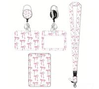 Satiskid 4 Pcs Pink Bow Lanyards for Neck with Card Holders, Bowknot Pattern Plastic Card Holder with Retractable Badge Reel Carabiner, Sliding Badge Holder Set for Work School Office