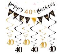 Satiskid 40th Birthday Party Decorations, Black & Gold Happy 40th Birthday Banner Bunting & 40th Hanging Swirls Streams for Men Women, Birthday Party Decorations Supplies