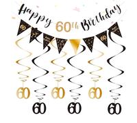 Satiskid 60th Birthday Party Decorations, Black & Gold Happy 60th Birthday Banner Bunting & 60th Hanging Swirls Streams for Men Women, Birthday Party Decorations Supplies