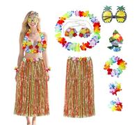 Satiskid 8 PCS Hawaiian Hula Skirt Costume Set, 60cm Hula Grass Skirt Necklace Headband Hawaiian Lei Bikini Top Hibiscus Hair Clip Pineapple Glasses, Summer Beach Tropical Party Decorations (Red)