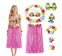 Satiskid 8 PCS Hawaiian Hula Skirt Costume Set, 60cm Hula Grass Skirt Necklace Headband Hawaiian Lei Bikini Top Hibiscus Hair Clip Pineapple Glasses, Summer Beach Tropical Party Decorations (Pink)